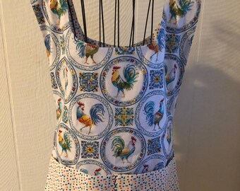 cocky roosters, blues and white, smock style, divided generous pocket, lined, side closures, cooking, cleaning, gardening,hostess gift,