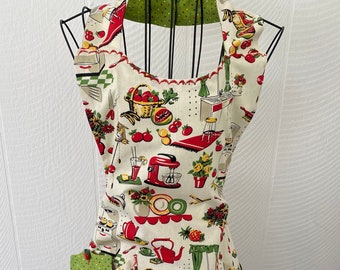 motif de cuisine vintage fantaisiste, vert et rouge, tablier réversible pour femmes des années 1950, cuisine, nettoyage, artisanat, grand cadeau, coton