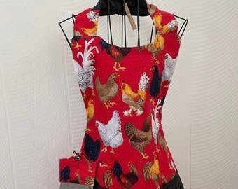 poulets dans la cour, rouges et gris, tablier réversible pour femme, motif vintage, 8 poches, serviette détachable, cuisine, nettoyage, artisanat