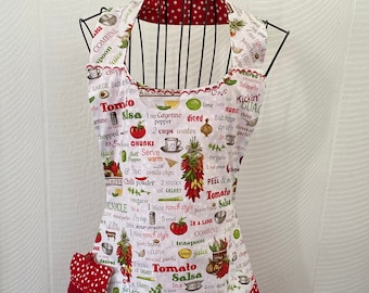 vintage style 1950's women's reversible apron, cowboy chili in red and white, scalloped hem with 8 pockets, cooking cleaning, crafting, gift