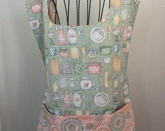 smock apron, cooking utensils, mint multi color motif, cooking apron, cleaning, crafting apron, side closure, generous divided pocket, gift