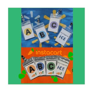 May include: A collection of clear plastic badge holders with metal clips. Each holder contains a card with a letter (A, B, or C) or the text "Don't forget the ICE." The background features the Instacart logo and a blue and yellow pattern.