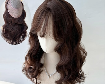 Full Coverage Air Bangs Body Wavy Human Hair Topper for Thinning Hair (18x20cm)