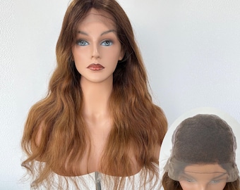 100% Human Hair Full Lace Wig - Long Wavy Brown Ombre with Natural Hairline