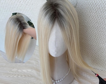 8.5x9" Rooted Brown Ombre Blonde Virgin Human Hair 130 Density For Thinning Crown