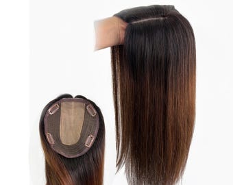 Parrucca in capelli umani con effetto ombré marrone: base in seta, capelli Remy lisci (14 x 15 cm)