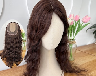 16x16cm Remy Human Hair Topper: Curly high density part-line is Silk Base with Clips
