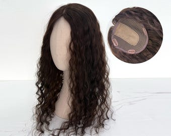 16x16cm Remy Human Hair Topper: Curly high density part-line is Silk Base with Clips