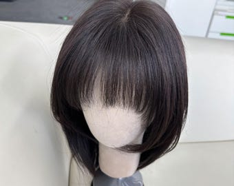 Virgin Human Hair Bob Wig with Bangs, Black & Brown Lace Front ,High Crown