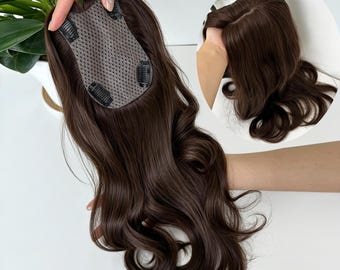 9x13cm Full Silk Base Human Hair Topper:  4 Clips Body Wave Hair Loss Piece