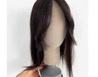 Silk Based Human Hair Topper with Bangs: Natural Black or Dark Brown
