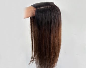 Ombre Brown Human Hair Topper: Silk Base, Straight Remy Hair (14x15cm)