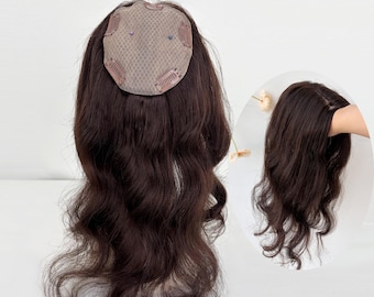 22" 100% Virgin Human Hair Topper: Full Silk Base, Wavy Black/Brown Hairpiece