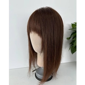 100% Virgin Human Hair Topper with French Bangs: Gray Coverage, Volume (12x13cm)