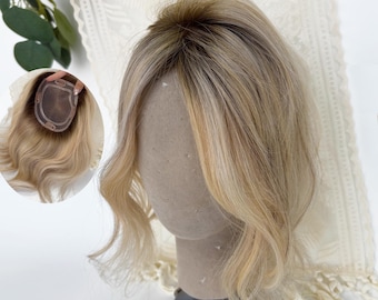 Wedding Virgin Human Hair Topper: Rooted Beige Blonde Balayage, 5.5x6" Mono Base