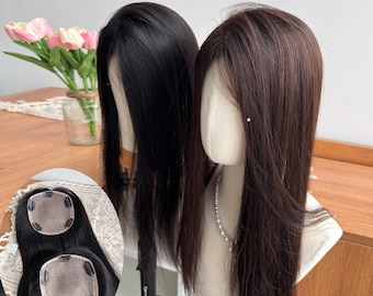 Long Straight Full Silk Base Free‑Part Human Hair Topper Hair Loss Coverage 12x14cm