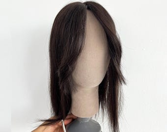 Silk Based Human Hair Topper with Bangs: Natural Black or Dark Brown