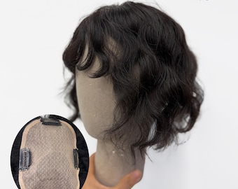 Natural Black Curly Wavy Human Hair Topper 10x13cm Full Silk Base  Loss Cover