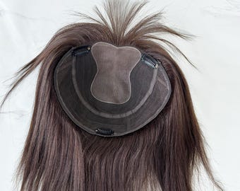 7x9" Large Coverage Mono Base Seamless Hairline Human Hair Topper With Curtain Bangs