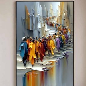 Die große Völkerwanderungsmalerei, bunte strukturierte Wandkunst, große pastose figurative Kunst, christliche Wandkunst, modernes christliches Dekor