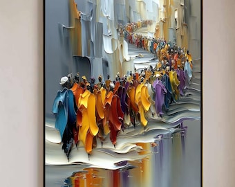 Dipinto della Grande Migrazione, Arte murale colorata e strutturata, Grande arte figurativa in impasto, Arte murale cristiana, Arredamento cristiano moderno