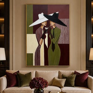Two Women Oil Painting, Modern Figurative Art, Large Cocktail Wall Art, Original Oil Painting, Olive Burgundy Decor
