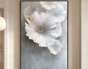 Large Original 3D White Lotus Leaf Painting on Canvas, Minimalist Textured Wall Art, Neutral Grey Impasto Art, Modern Living Room Home Decor