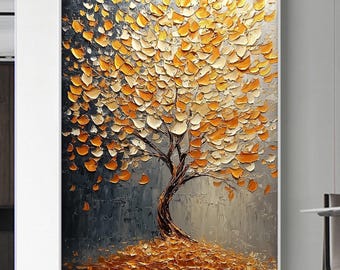 Original Autumn Tree Oil Painting - Gold & Orange Abstract Landscape Art on Canvas with Impasto Palette Knife, Modern Nature Home Wall Decor