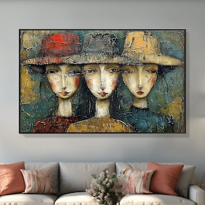 Abstract Cartoon Characters Oil Painting on Canvas, Original Portraits Wall Art, Colorful Figure Painting, Large Living Room Wall Art Decor