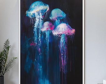 花クラゲ　油彩画 クラゲの絵画：油彩画による海のアート、カラフルな海の生き物