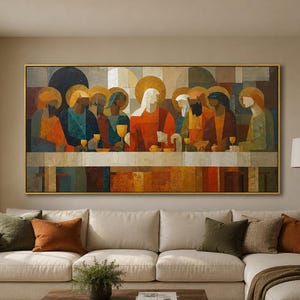 May include: A large rectangular wall art piece featuring a stylised, geometric depiction of the Last Supper. The painting uses a warm colour palette of deep oranges, reds, blues, and golds, showing figures with halos seated at a long table.