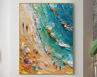 Gran pintura al óleo abstracta de playa sobre lienzo, arte original de la pared del océano azul, decoración de la pared de la sala de estar, pintura de regalo personalizada, arte de pared de textura 3d