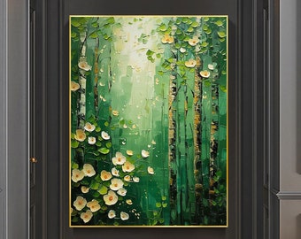 Pintura al óleo abstracta del bosque sobre lienzo, arte de pared verde original grande, decoración de la pared del dormitorio, pintura de regalo personalizada, arte de pared texturizado moderno