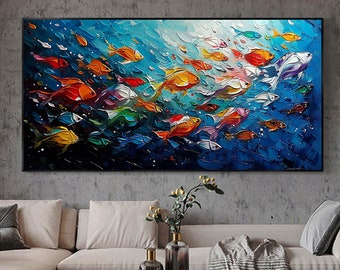 Custom Abstract Colorful Fish School Oil Painting on Canvas, Original Nature Ocean Painting, Large Modern Wall Art, Livingroom Wall Decor