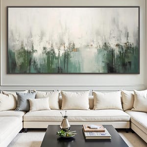 Large Original Abstract Serene Landscape Painting on Canvas - Misty White & Green Tones Decor - Hand Painted Modern Wall Art for Living Room