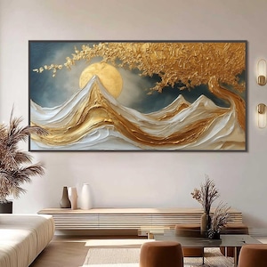 Peinture à l'huile d'arbre de vie en or, oeuvre d'art murale texturée montagne, grande oeuvre d'empâtement à la feuille d'or, décoration de salon de luxe moderne