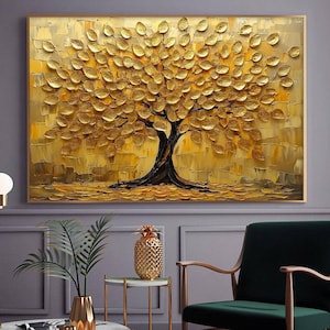 Original Golden Tree Abstract Oil Painting On Canvas - Luxe Hand Painted Artwork with Leaves, Elegant Black & Gold Wall Deco for Living Room