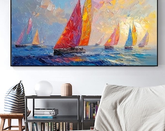 Original Vibrant Sailboat Painting, Colorful Impasto Seascape, Sailing Oil Painting on Canvas, Nautical Wall Decor, Ocean Coastal Art Decor