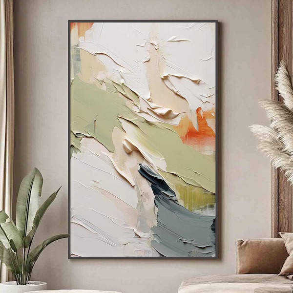 Textured Abstract Painting in Cream Green and Orange, Large Wall Art, Modern Neutral Tone Canvas, Contemporary Wall Decor,Living Room Decor