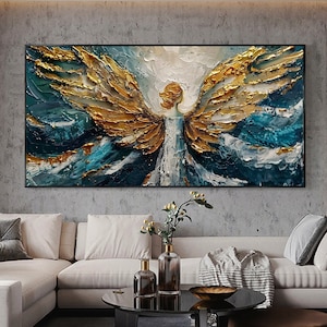 Custom Abstract Angel Painting on Canvas, Original Wings Painting,  Large Textured Gold Wall Art, Modern Art Decor, Living room Wall Decor