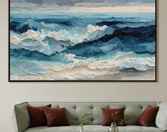 Textured Ocean Wave Oil Painting, Large Impasto Seascape Wall Art, 3D Coastal Canvas Art, Abstract Blue Painting For Living Room Wall Decor