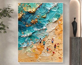 Groot zeegezicht olieverfschilderij op doek, origineel zomerstrandschilderij, abstract oceaanmuurdecor, moderne muurkunst, woonkamerhuisdecor