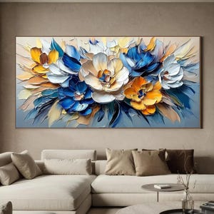 Impasto Floral Painting | Textured Blue Yellow Flowers | Original Acrylic Painting, Colorful Wall Art Modern Living Room Decor Above Bed Art