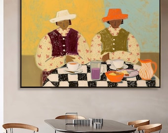 Modern Folk Art Oil Painting, Figurative Kitchen Wall Art, Checkerboard Dining Room Decor