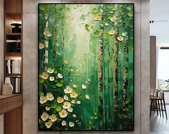 Abstract Forest Oil Painting On Canvas, Large Original Green Wall Art, Bedroom Wall Decor, Custom Gift Painting, Modern Textured Wall Art