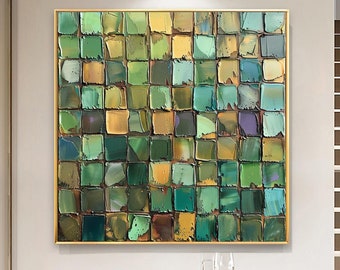 Original Abstract Green Block Oil Painting On Canvas, Colorful Textured Art Painting, Boho Wall Art Decor, Modern Living Room Wall Decor