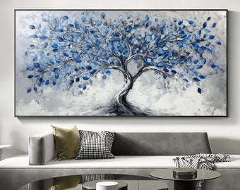 Original Textured Abstract Tree Oil Painting, Large Blue Tree Canvas Wall Art, Tree Landscape Painting, Modern Living Room Wall Art Decor