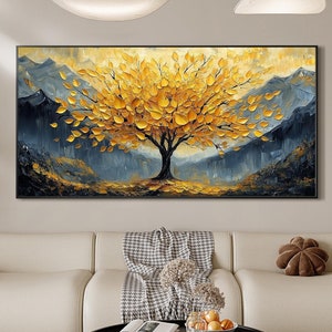 Large Original Golden Tree Oil Painting on Canvas, Custom Wall Art, Abstract Tree of Life Wall Art, Boho Wall Décor, Living Room Home Decor