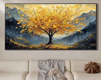 Large Original Golden Tree Oil Painting on Canvas, Custom Wall Art, Abstract Tree of Life Wall Art, Boho Wall Décor, Living Room Home Decor