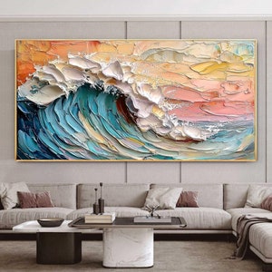 Original Blue Ocean Wave Oil Painting on Canvas, Impasto Textured Painting, Large Sea Wave Canvas Art, Modern Wall Art, Living Room Decor